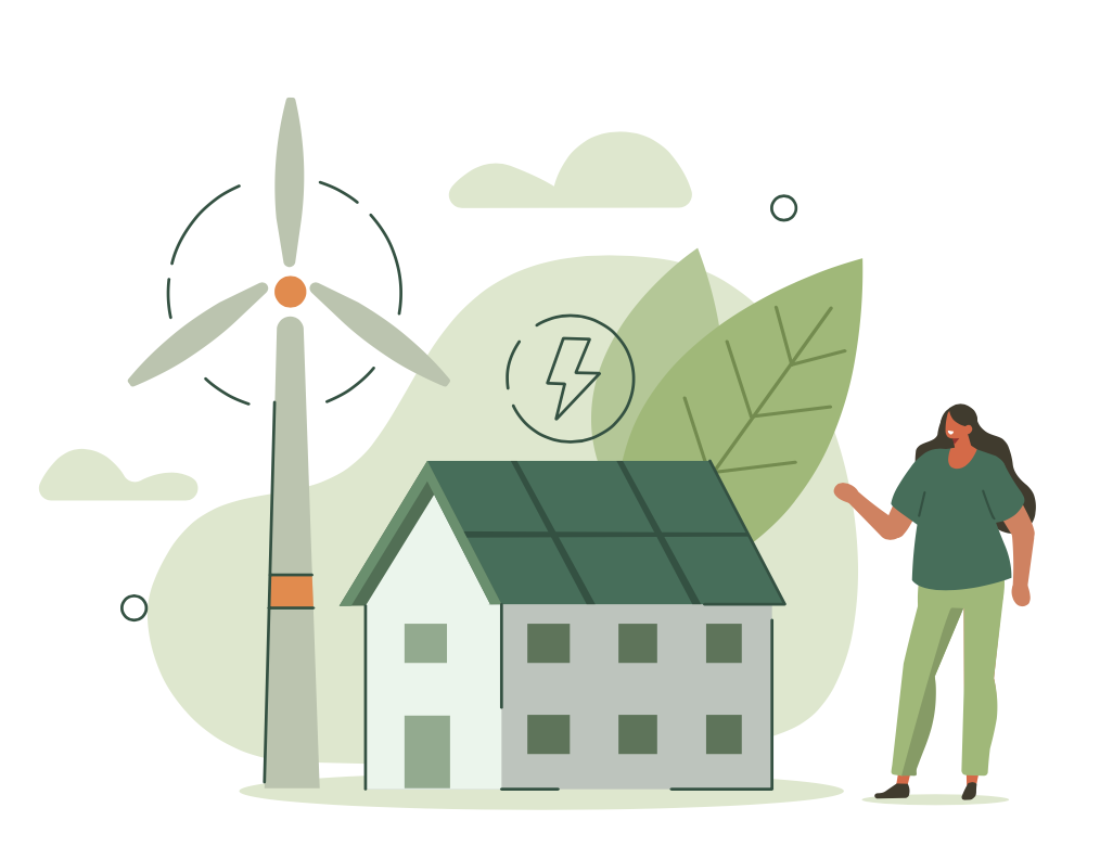 Illustation of a woman standing next to a house with solar panels and a wind turbine. Leaves and electricity icon are in the background.