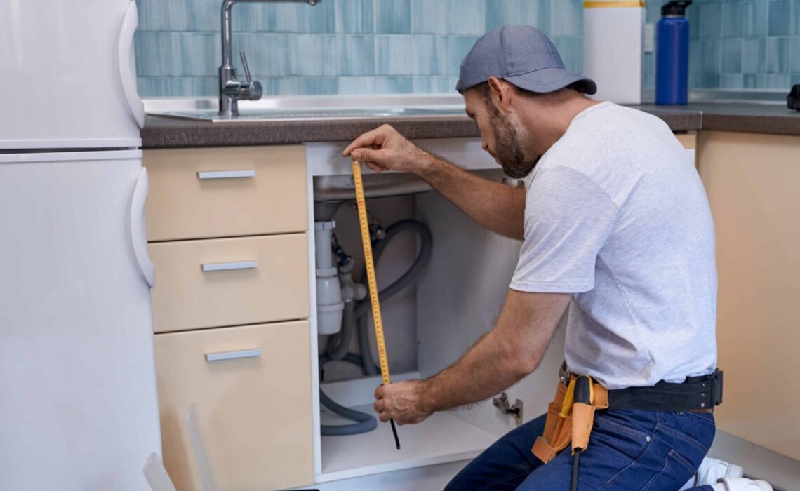 repair person measuring a cupboard door to be fitted.