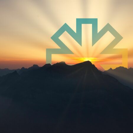 Beacon logo rising with sun behind a mountainous landscape