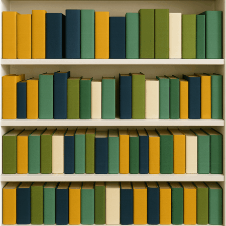 4 bookshelves with coloured books neatly arranged