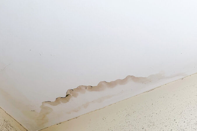 damp on the ceiling, causing a brown stain spread across the white paint.