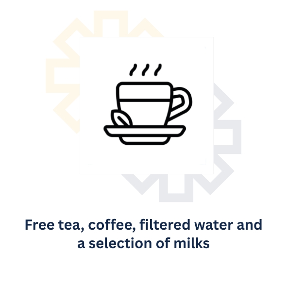 Free tea, coffee, filtered water and a selection of milks