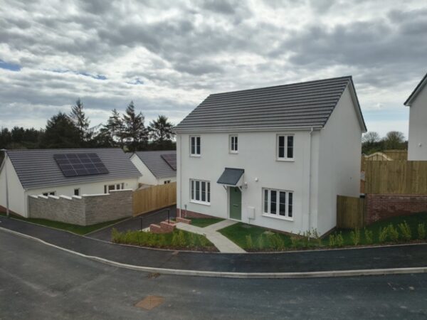 White detached house on road with more houses and trees in background