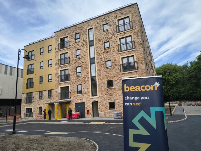 External view of Big Shed development in Tonypandy with beacon banner in foreground